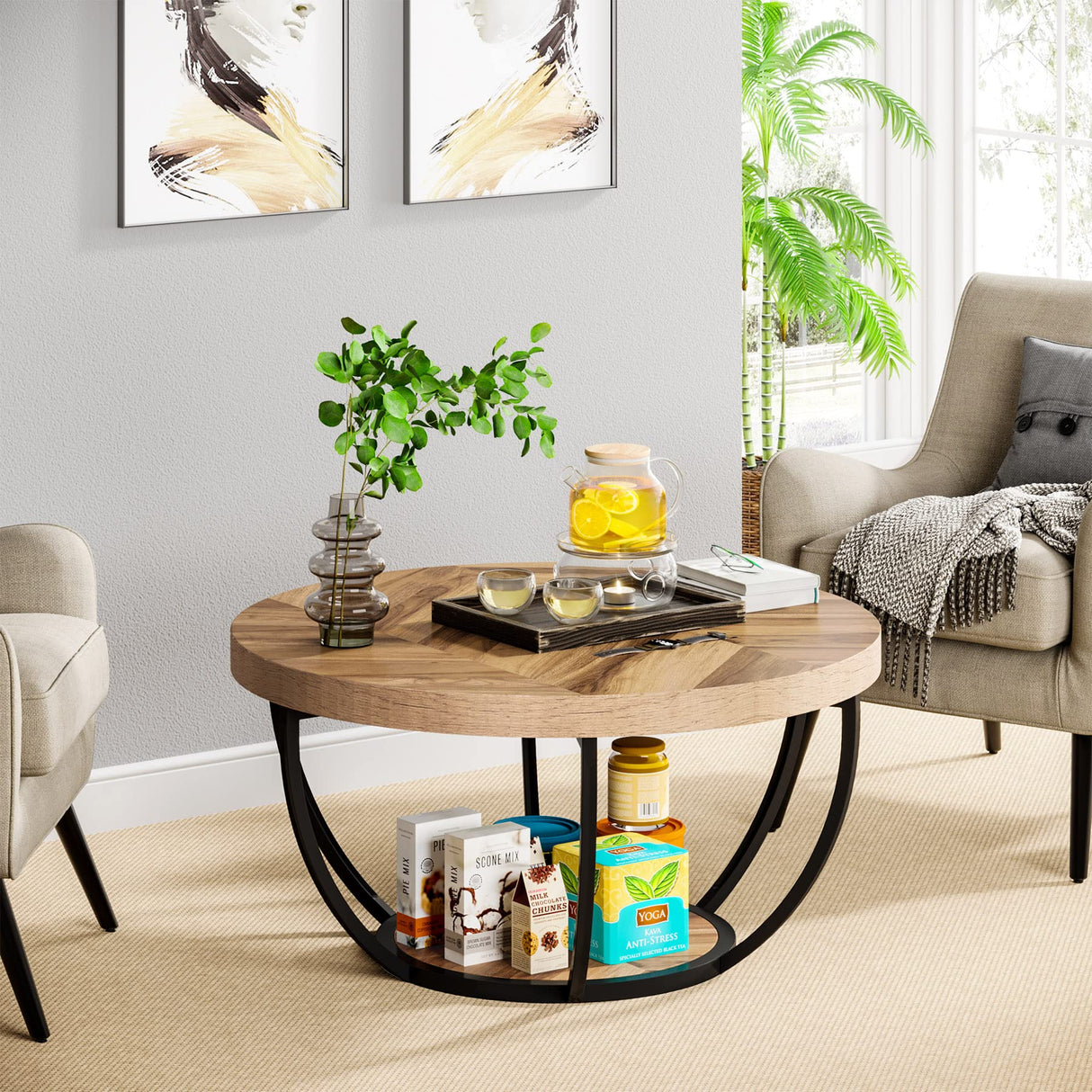 Tribesigns Round Coffee Table, Modern 2-Tier Center Table with Storage Open Shelves, Wooden Circle Coffee Table Sofa Side Table with Metal Legs for Living Room, Wooden Grain and Black Tribesigns