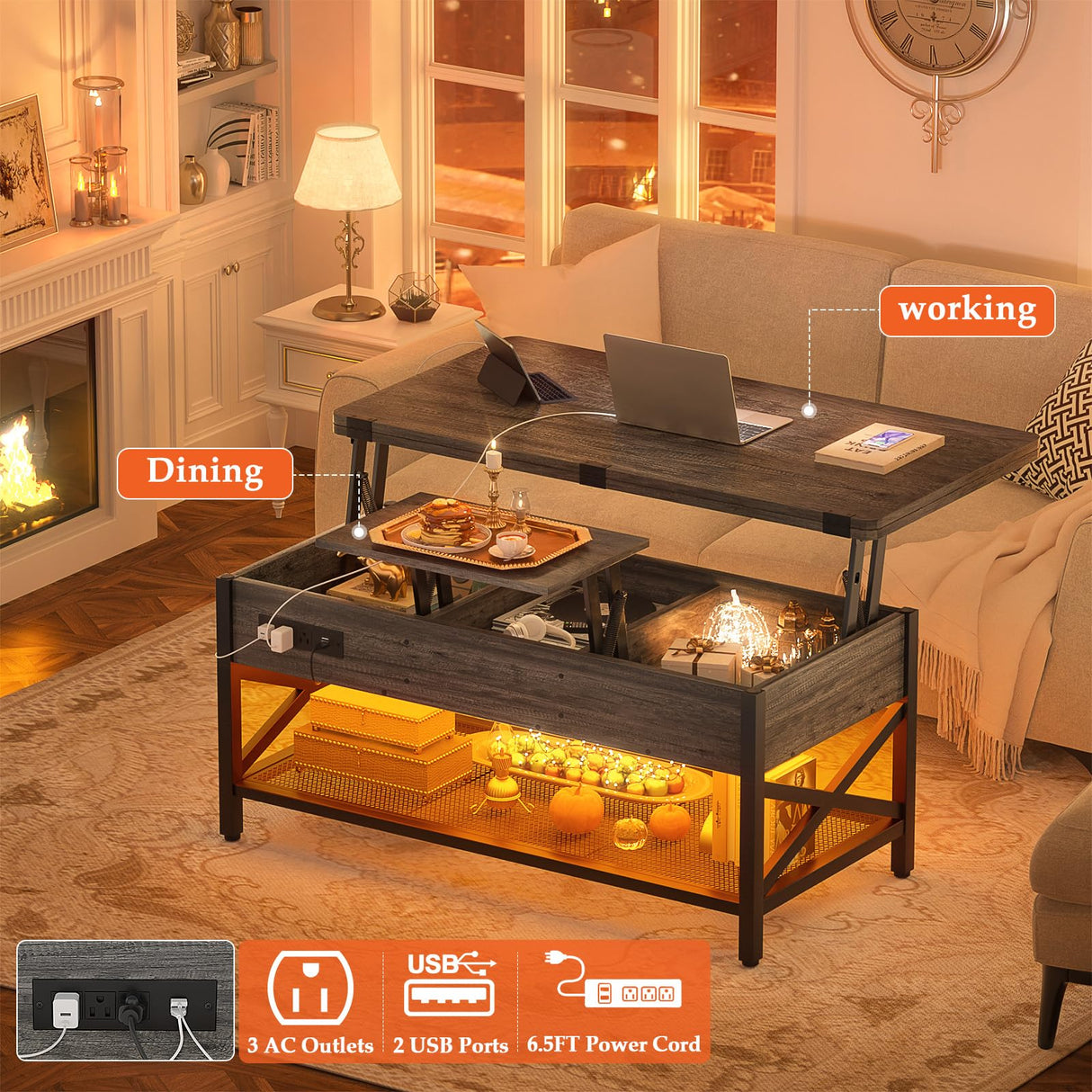 Aheaplus Coffee Table Lift Top Multi-Function Coffee Table Converts to Dining Table, with LED Light and Power Outlet, Center Table with Shelves for Living Room Reception Home Office, Black Oak Aheaplus