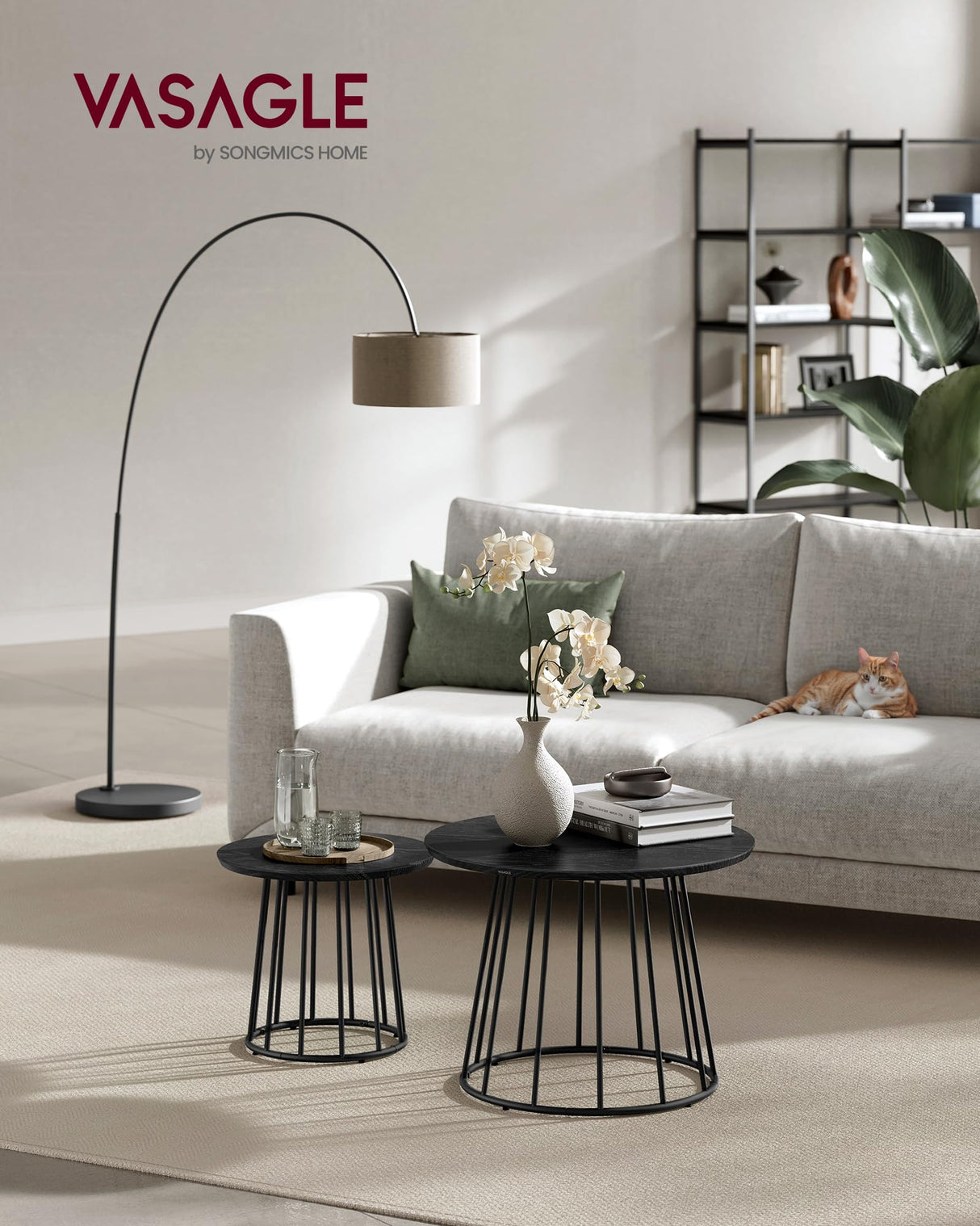 VASAGLE Round Coffee Tables, Set of 2, Modern Circle Side Tables with Steel Frame, for Living Room, Bedroom, Ebony Black ULCT045B56 VASAGLE