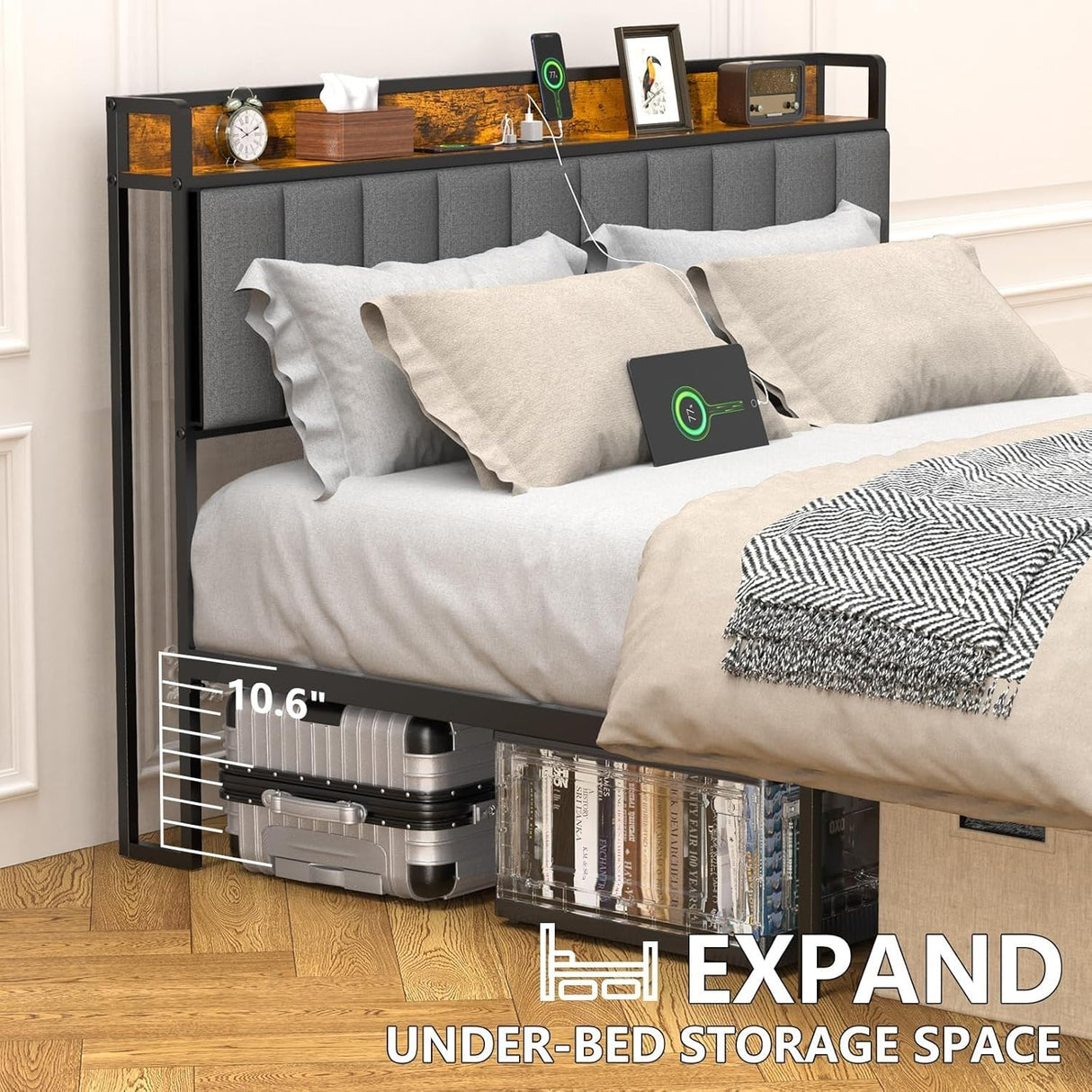 Queen Bed Frame, Storage Headboard with USB Ports & Charging Station, No Box Spring Needed, Noise-Free, Heavy Duty Metal Frame Support, Easy Assembly EasyCom
