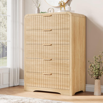 Jocoevol Fluted 5 Drawer Dresser, 43" Tall Dressers & Chests of Drawers Curved Profile Design, Wood Mid Century Vertical Dresser Natural Texture for Bedroom, Natural Oak Dresser