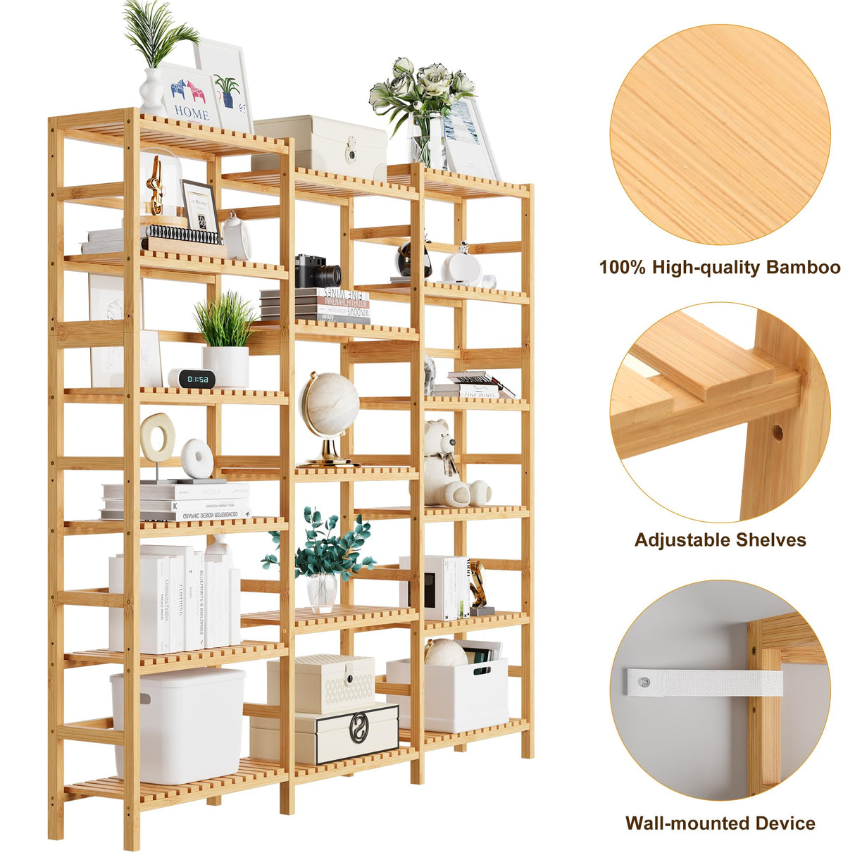 FOTOSOK Triple Wide 6-Tier Bookshelf and Bookcase,Large Freestanding Book Shelf with 17 Open Display Shelves, Tall Bookshelf Plant Flower Shelf Rack Storage Organizer Unit for Living Room, Natural FOTOSOK