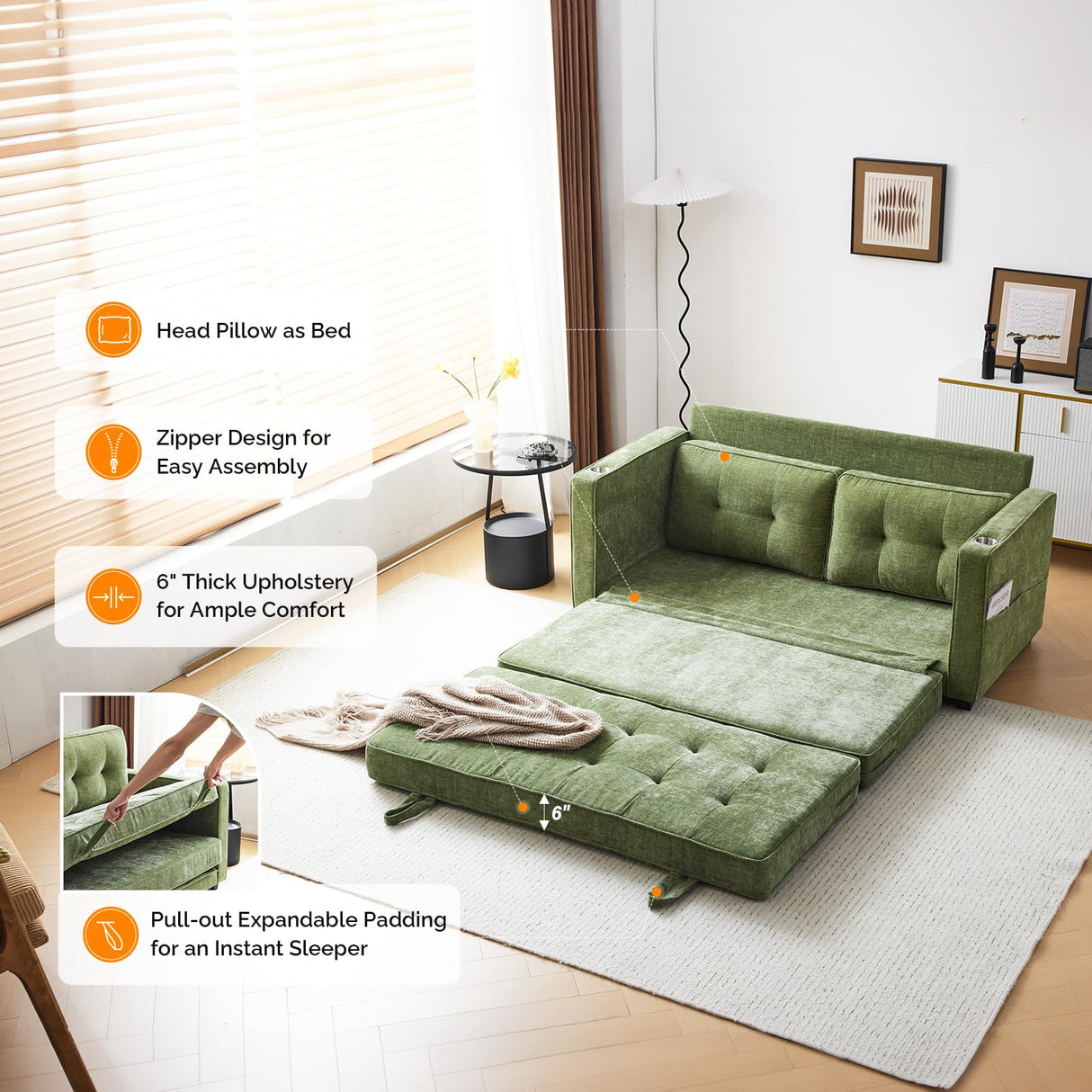 VINGLI Sofa Bed Full Size Pull Out Couch Bed Olive Green Futon Couch 64" W 84" L Loveseat Sleeper Floor Couches for Living Room Convertible Loveseat Sofa Foldable Sofa Bed VINGLI
