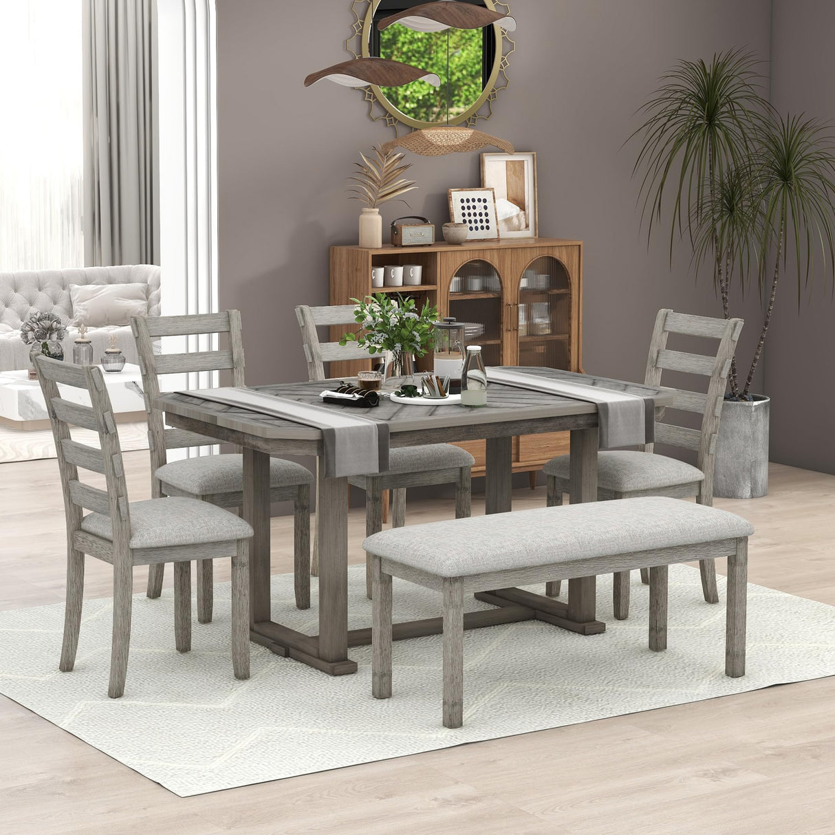 LUMISOL Farmhouse Dining Table Set, 6Pc Kitchen Table Set with 4 Upholstered Chairs & Bench, Solid Wood, Distressed Gray, 60x36 inches, 550LBS Weight Capacity LUMISOL