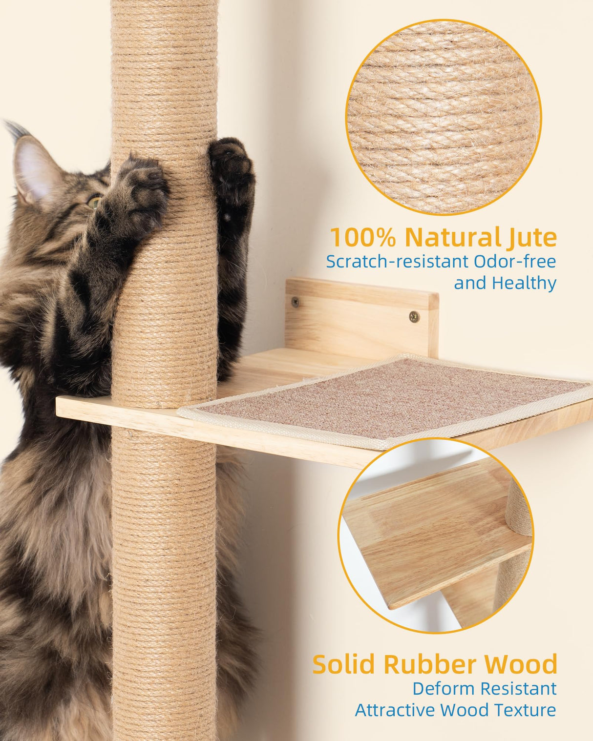 Aechonow 80.3inch Floor to Ceiling Cat Tower on Wall with 5 Mats, Tall Cat Tree for Large Adult Cats, Jute Scratch Post, Large Wooden Perch Stairs Wall Shelves Aechonow