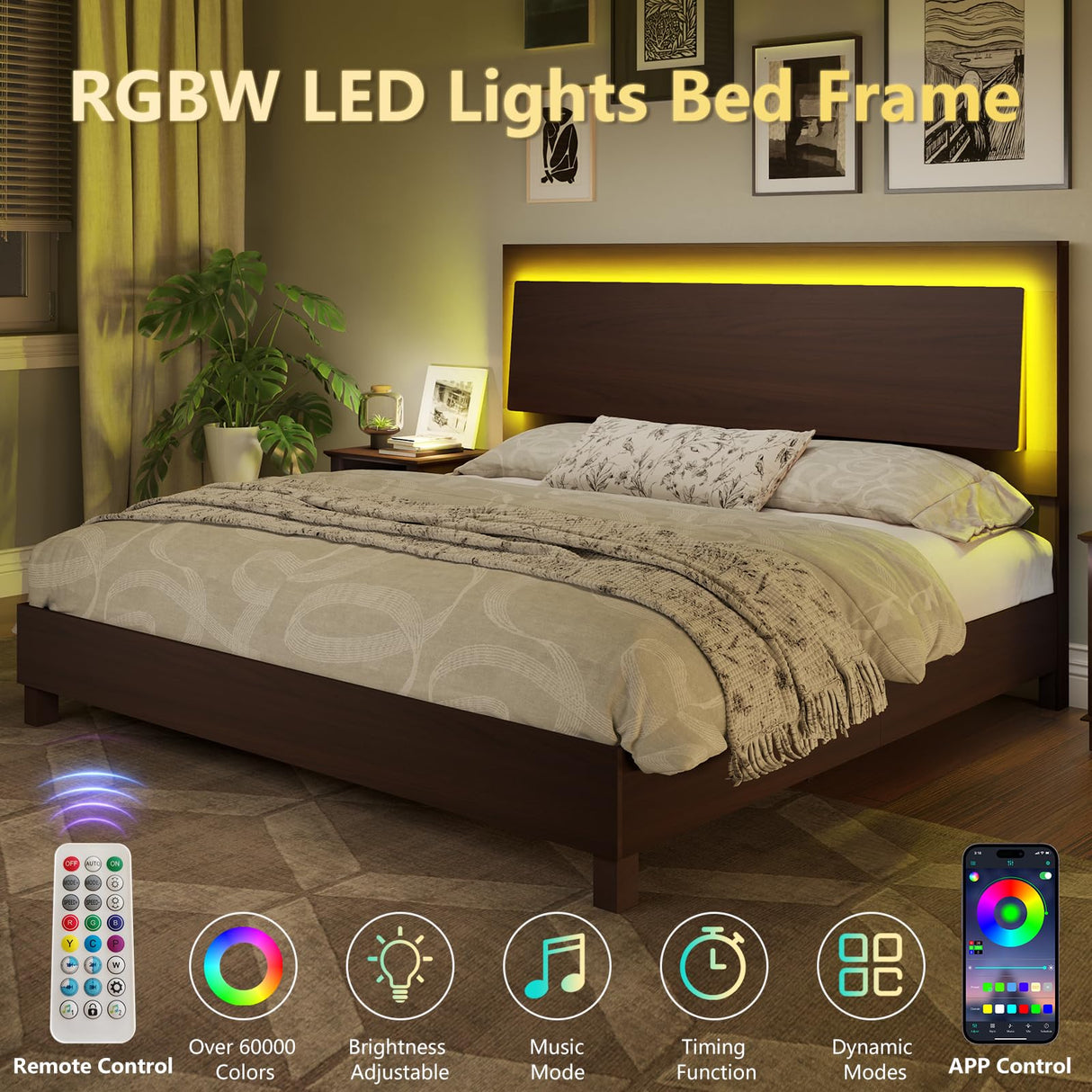 LUXOAK Mid-Century Modern King Size Wood Bed Frame with RGBW LED Light and Floating Headboard - Cherry LUXOAK