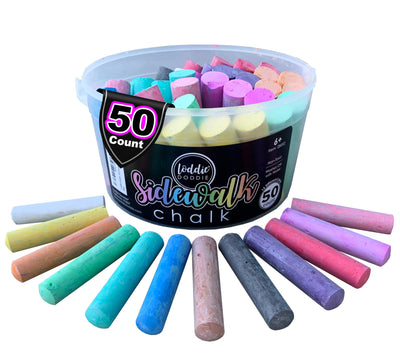 Loddie Doddie 50ct Sidewalk Chalk for Kids - 12 Colors Non-Toxic Jumbo Sticks in Reusable Bucket - Easy Clean Up for Fun & Creativity - Outdoor Chalk