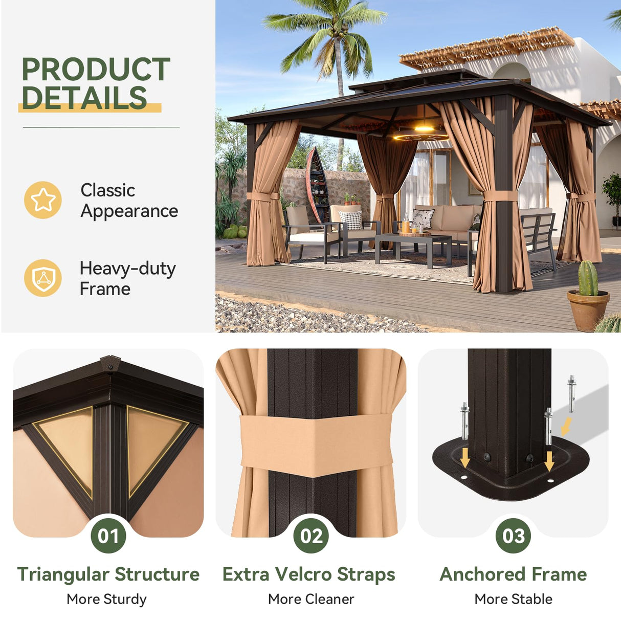 Aoxun 12'x10' Hardtop Gazebo, Aluminum Frame Permanent Pavilion with Curtains and Netting, Outdoor Polycarbonate Double Roof Canopy, Designed for Garden, Lawns, Patio, Brown Aoxun
