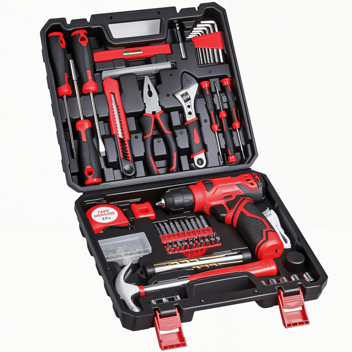 Tool Set - Tool Kit with 8V Cordless Drill, 132 Piece Tool Box with Drill, Home Tool Kits for Men & Women, Hand Drill Set Perfect for Homeowner, Diyer, Handyman - Red prekull
