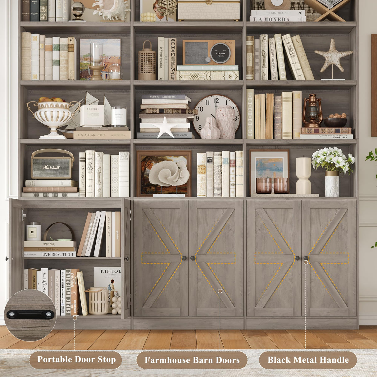FACBOTALL 75" Triple Wide Bookshelf, Bookshelf and Bookcase with 6 Farmhouse Doors, 71" Wide 6 Tier Book Shelf with 18 Storage Shelves, Large Wooden Bookshelves, Tall Bookcase for Home Office, Gray FACBOTALL