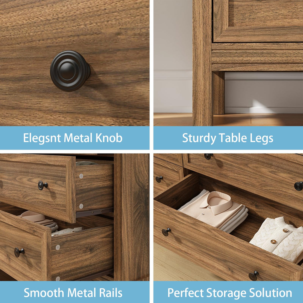 CARPETNAL 55" Walnut Dresser for Bedroom, 6 Drawer Dresser with Wide Drawer and Metal Handles, Wood Dressers & Chests of Drawers for Hallway, Entryway. CARPETNAL