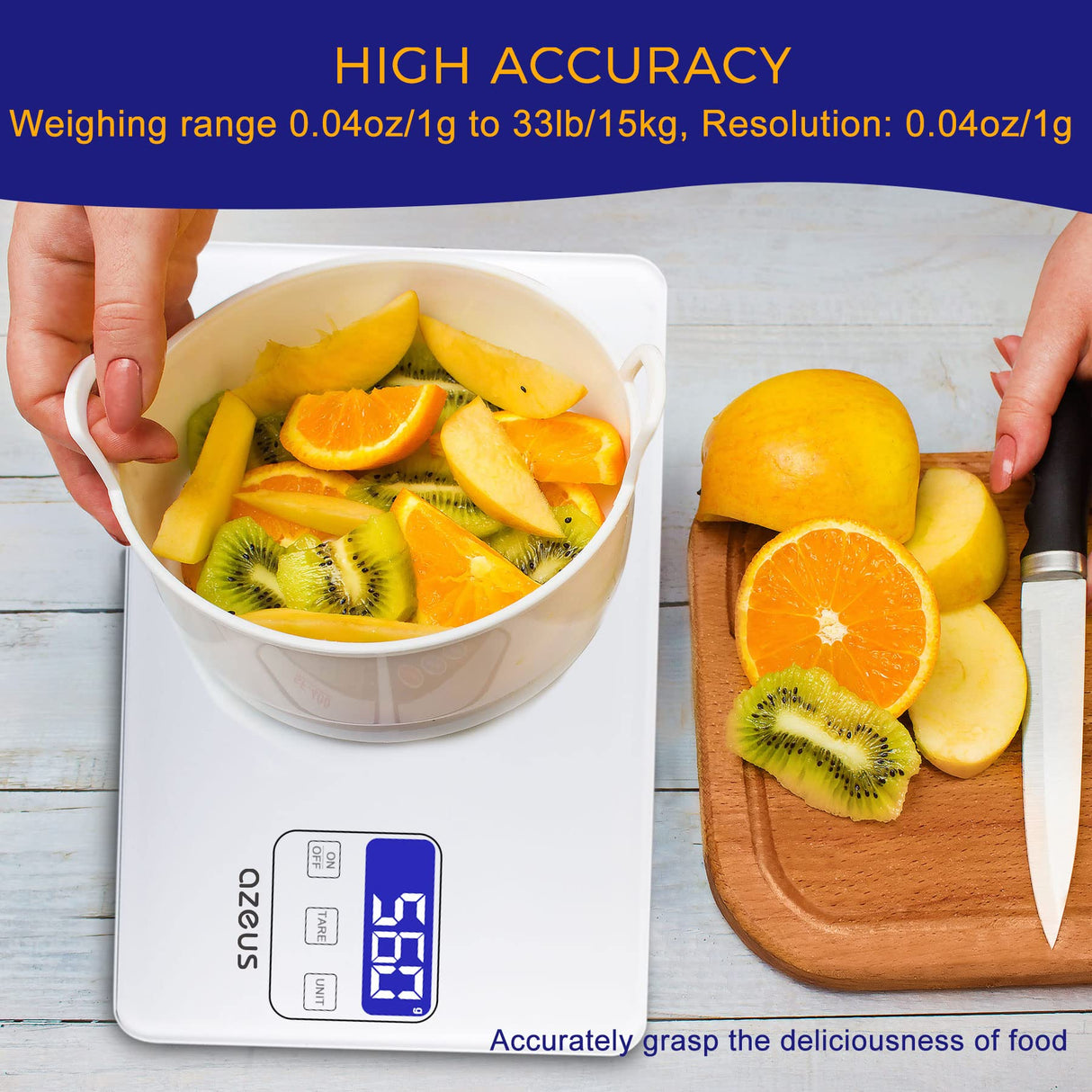 Food Scale with USB Rechargeable, Digital Kitchen Scale with 6 Units, High Precision to 0.04 oz /11lbs Capacity, Weight Range from 3g-5000g AZEUS