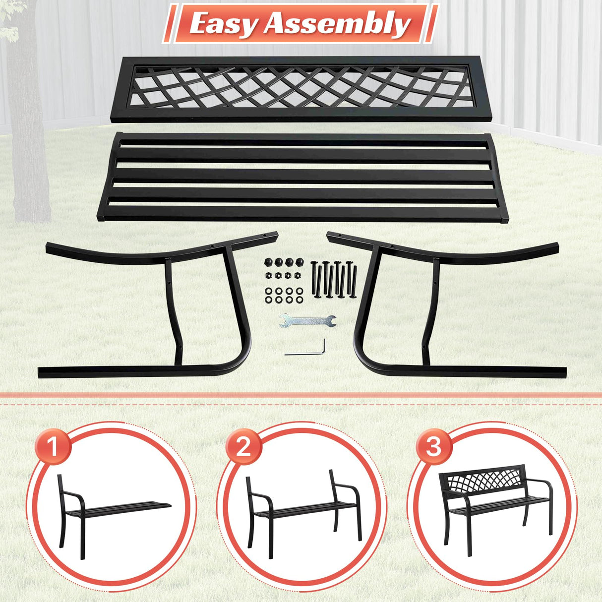 Garden Bench Patio Bench Outdoor Park Bench Metal Outside Porch Chair Seat Cast Iron Steel Frame Sturdy Bench Patio Furniture for Yard Porch Entryway Lawn Decor Deck, Black, 46 in HGS