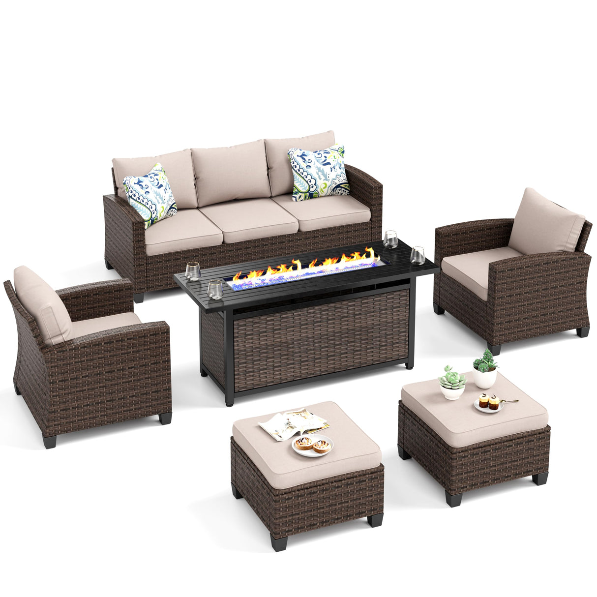 MIXPATIO Patio Furniture Set, 6 Pcs Wicker Outdoor Conversation Set, 2 x Single Chairs, 1 x 3 Seater Sofa and 2 x Ottoman with 4" Thick Cushion and 56" Fire Pit Table, Beige MIXPATIO