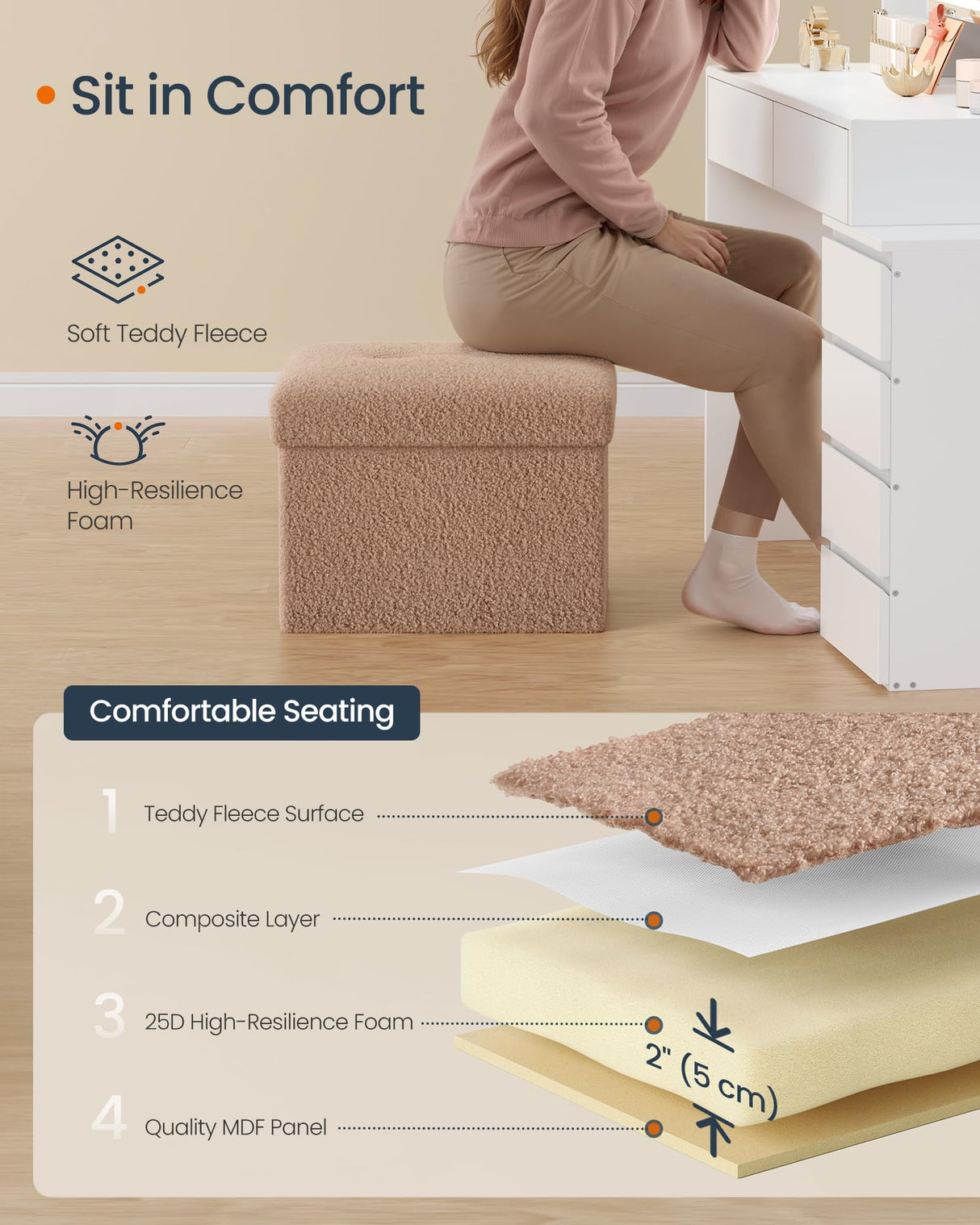 SONGMICS HOME Small Folding Storage Ottoman, Foot Rest Stool, 12.2 x 16.1 x 12.2 Inches, Ottoman with Storage, Load up to 286 lb, for Living Room, Bedroom, Dorm, Camel Brown ULSF094K01 SONGMICS HOME