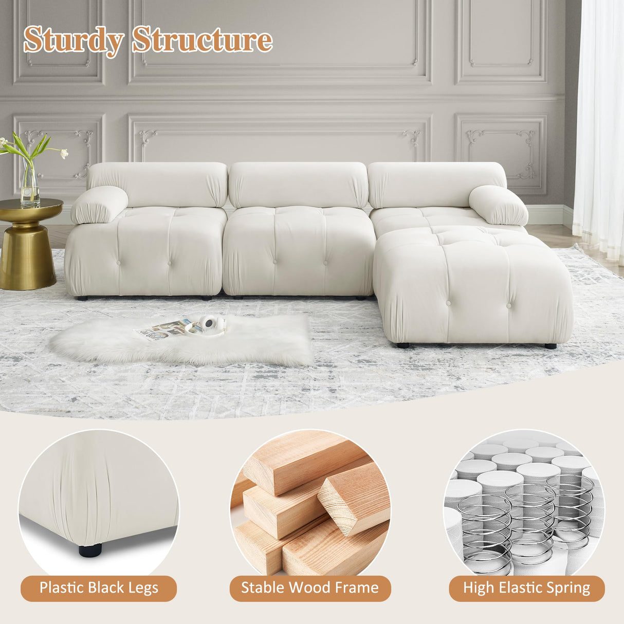 GNIXUU Modular Sectional Sofa, 93" Convertible L-Shaped Couch for Living Room, Modern Button Tufted Cloud Couches with Comfy Armrest, Beige Velvet GNIXUU