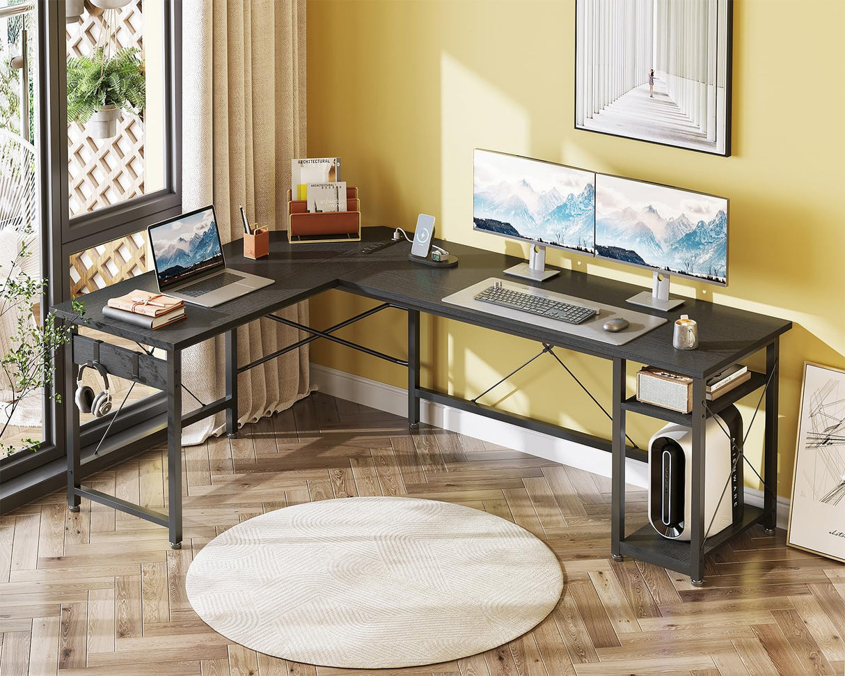 Coleshome L Shaped Computer Desk 66" with Power Outlet & Storage Shelves, Corner Sturdy Writing Desk Workstation, Modern Wooden Office Gaming Desk, Wood & Metal, Black Coleshome