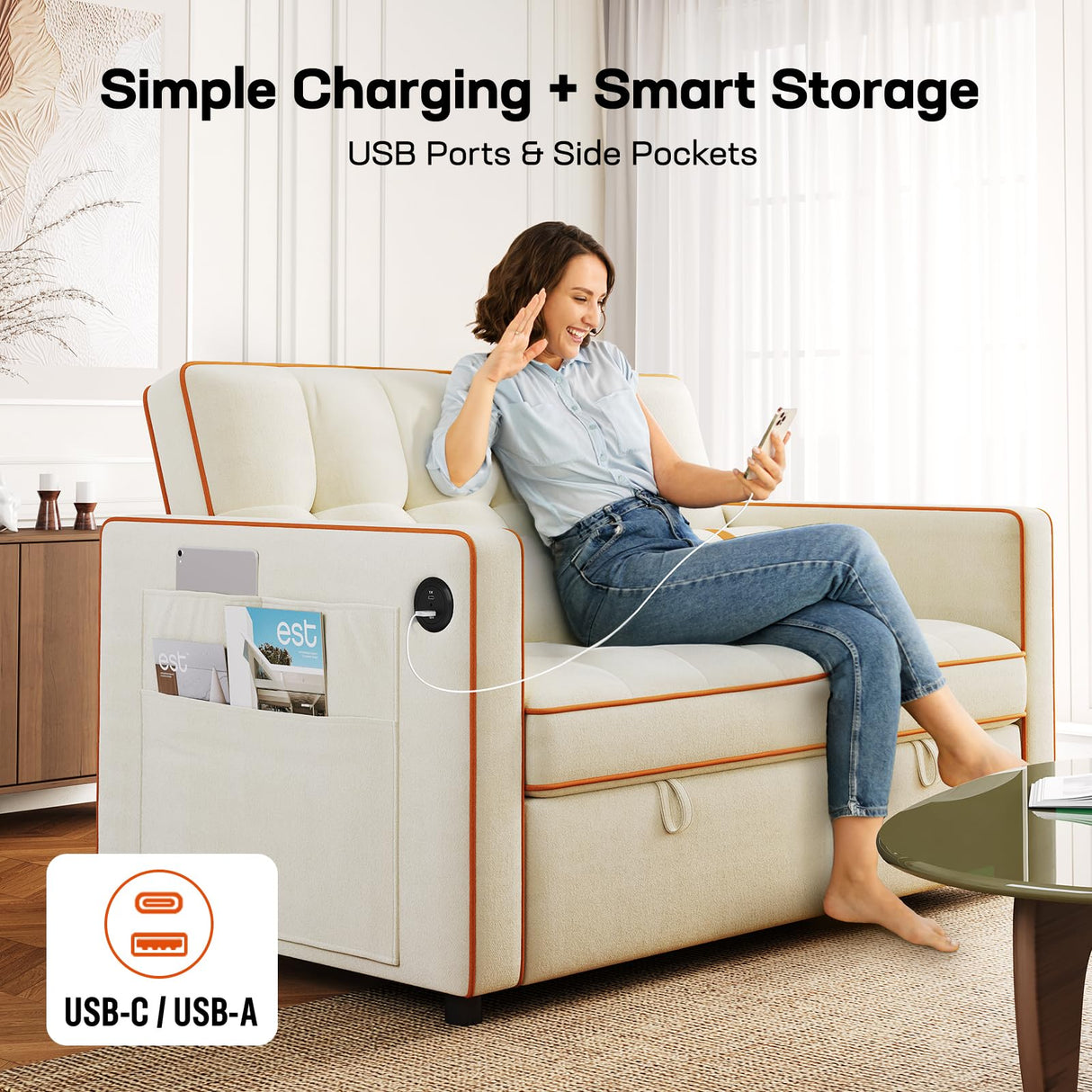 Amada 3 in 1 Convertible Sleeper Sofa Bed,Futon Couches for Living Room with with USB Ports & Side Pockets | Adjustable Backrest| Velvet Fabric | Pull Out Couch | Loveseat | Sectional Sofa Bed,White AMADA HOMEFURNISHING