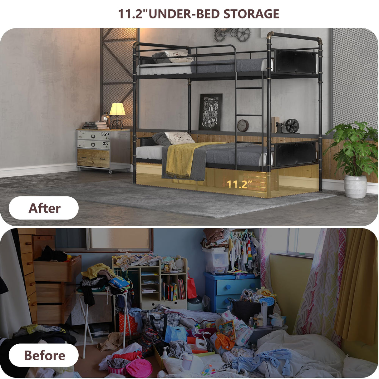 2 IN 1 Metal Bunk Bed Twin Over Twin, Convertible Twin Bunk Beds into 2 Individual Twin Size Bed for Kids Adults, 16.5" High Guard Rail,Space-Saving No Box Spring Needed Easy Assembly (Black) Whalefall