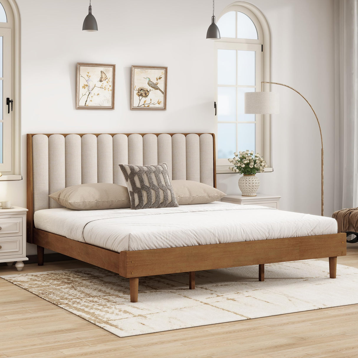 Mirightone Wood King Size Bed Frame,Tall Upholstered Tufted Headboard, Platform Bed King with Solid Rubber Wood Legs, Modern Style - No Box Spring Needed, Walnuts with Beige Mirightone