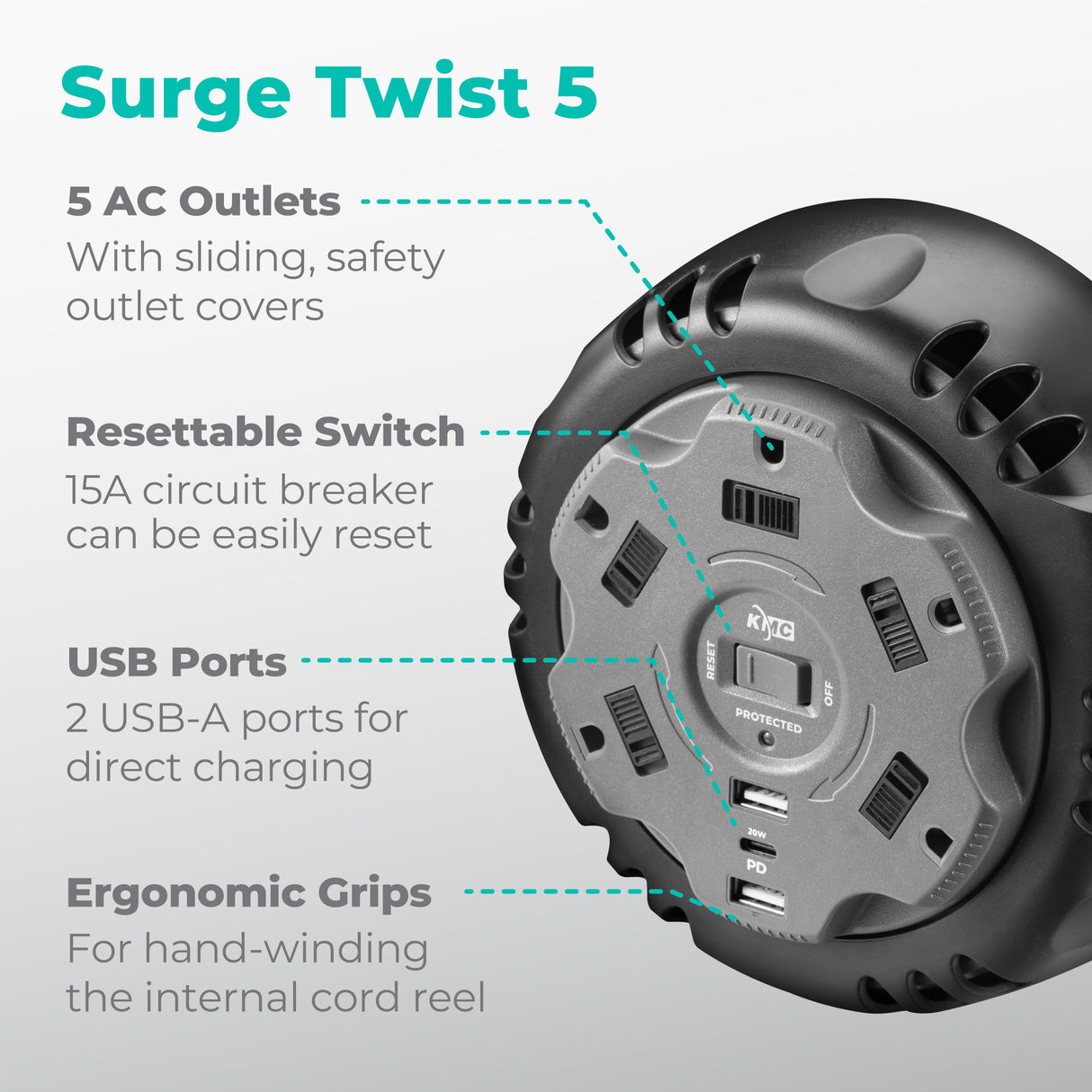 KMC 5-Outlet USB-C PD Surge Twist Retractable Power Strip Cord Reel, 2 USB-A & 1 USB-C Power Delivery, 735J Surge Protector, 8ft Retractable Extension Cord, 3-Prong Flat Plug, UL/ETL Certified, Gray KMC