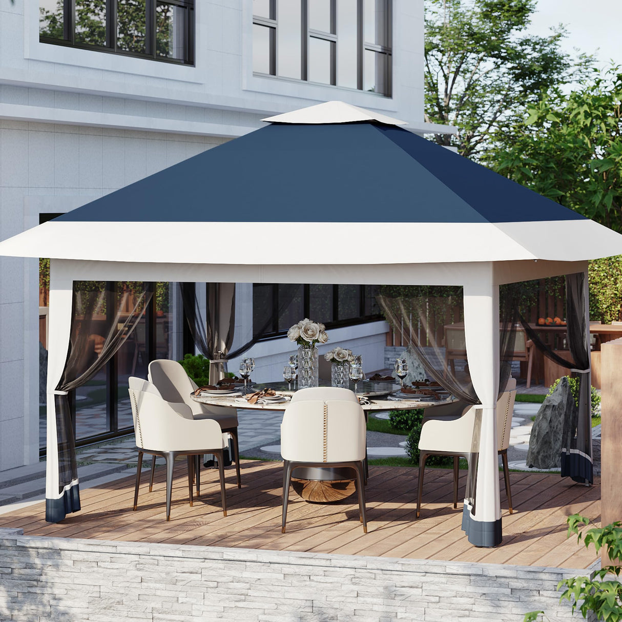 12x12ft Patio Gazebo, Outdoor Canopy with Mesh Walls, Pop Up Gazebo Tent with 4 Ropes 8 Stakes & Portable Carrying Bag, Double Roof, Easy Up Pavilion for Outside Garden, Backyard, Lawn Hipicute