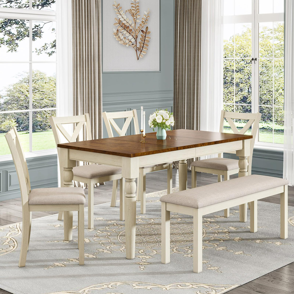 LUXOAK 6-Piece Dining Table Set for 6 People, Solid Wood Table & Upholstered Chair Set w/Bench Seat, Farmhouse Wood Kitchen Table Chairs Set for Living Room, Dining Room, Off White+Brown LUXOAK