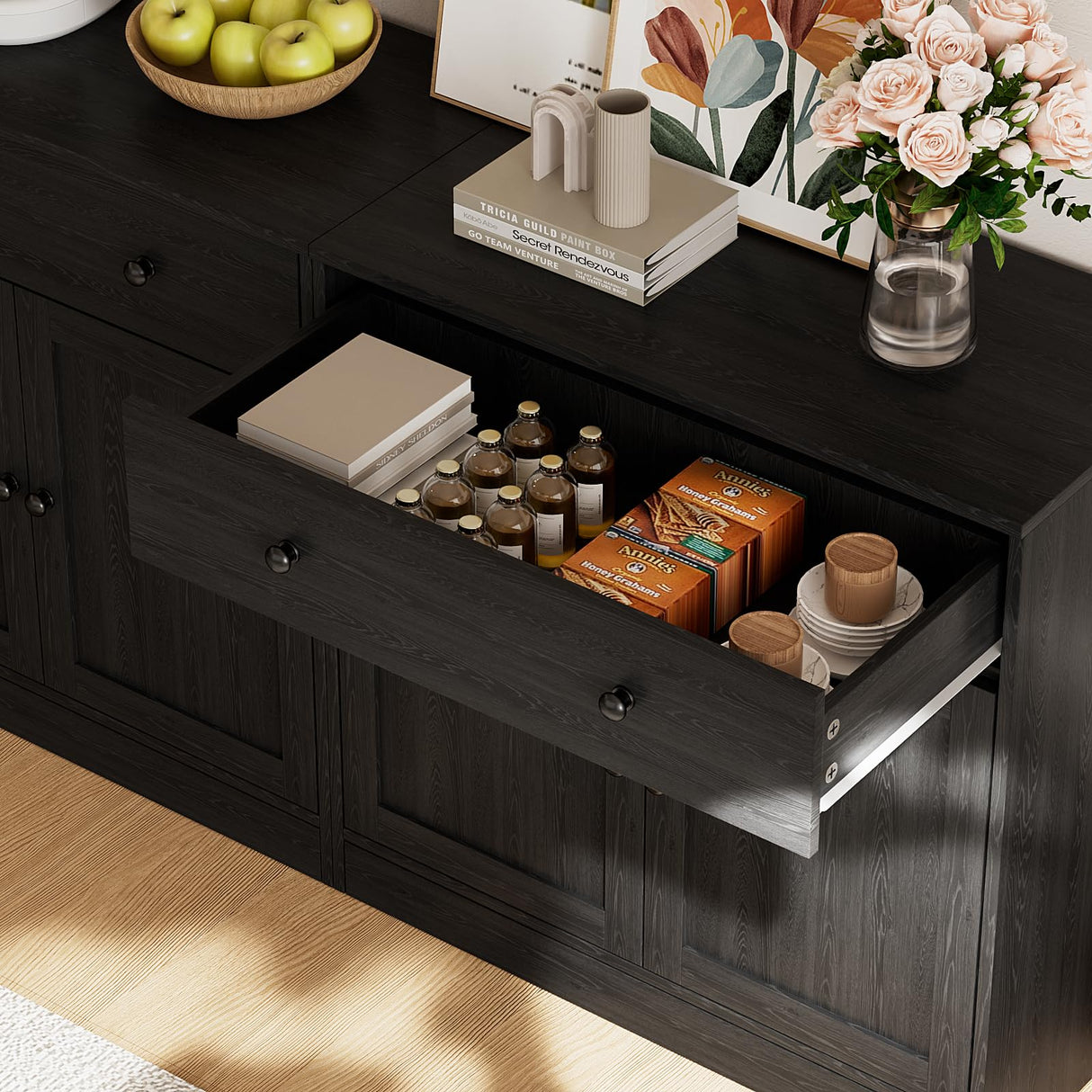 TUSY 4-Piece Large TV Stand with Bookshelves for TVs up to 75", TV Entertainment Center Media Center with Tempered Glass Doors and Shelves, TV Hutch for Living Room White (Black) TUSY