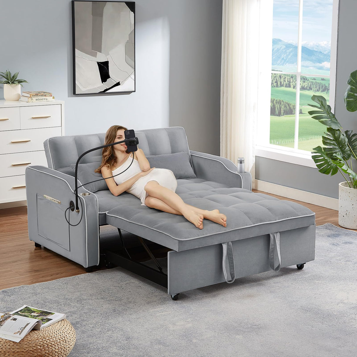 JEEOEHY 3 in 1 Convertible Sleeper Sofa Bed,Velvet Pull Out Couch Bed w USB&Type C Port,Comfy Futon Loveseat w Adjustable Backrest&Phone Stand&Cup Holder for Living Room Apartment Small Space(Grey) JEEOHEY