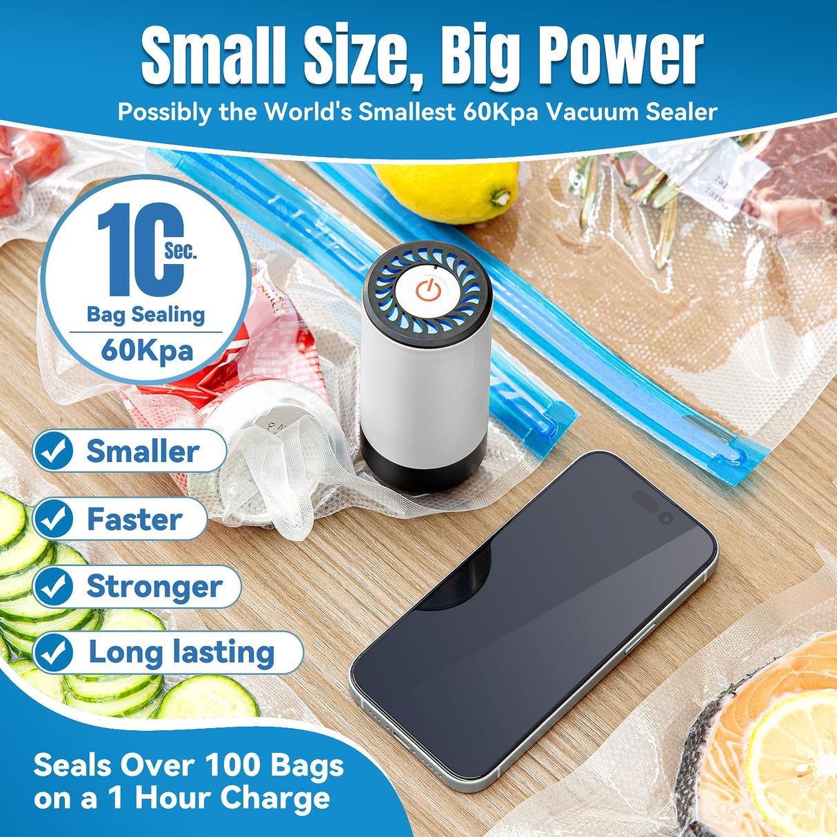 Billty Vacuum Sealer, Handheld Vacuum Sealer, 3rd Generation Vacuum Sealer for Food + 30 Sous Vide Bags billty