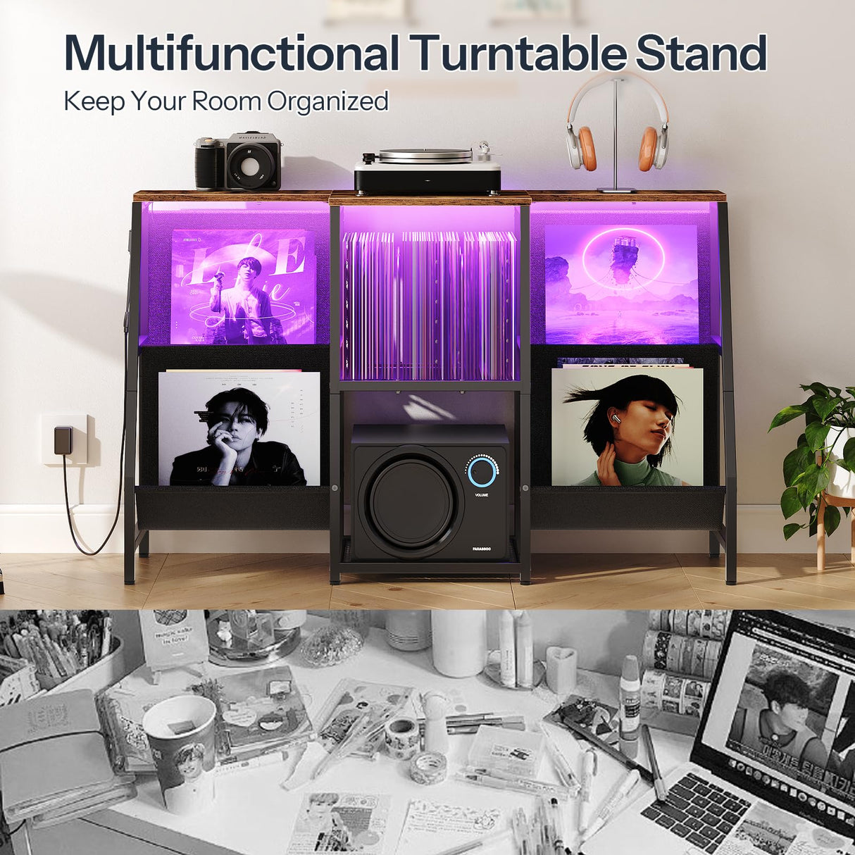 HOOBRO 4-Tier AV Media Stand with LED Light, Media Shelf Cabinet, Wooden Stereo Cabinet for Record Player, Entertainment Center, Game Console, Vinyl Record Storage, Rustic Brown BF114DCJ01 HOOBRO