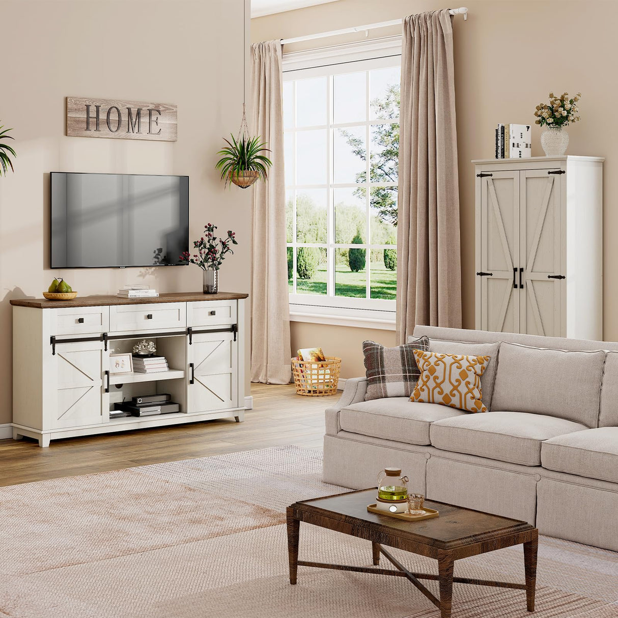 LUXOAK Farmhouse TV Stand with Sliding Barn Door & Drawer, 59" Rustic Entertainment Center for TVs up to 65", Buffet Storage Cabinet for Living Room, Bedroom, Dinning Room, White+Barnwood LUXOAK