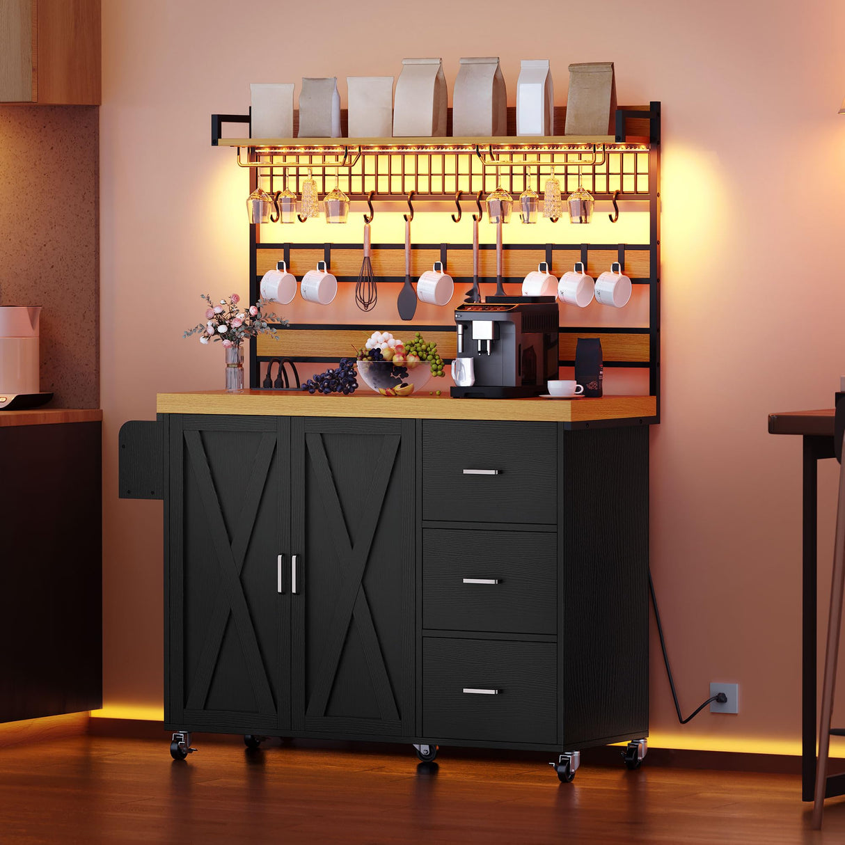 DWVO 53 inch Bakers Rack with Power Outlet and Storage, Farmhouse Coffee Bar Cabinet on Wheels, Microwave Stand Kitchen Cabinet with Hutch, LED Lights, Wine Glass Holder and 14 Hooks, Black DWVO