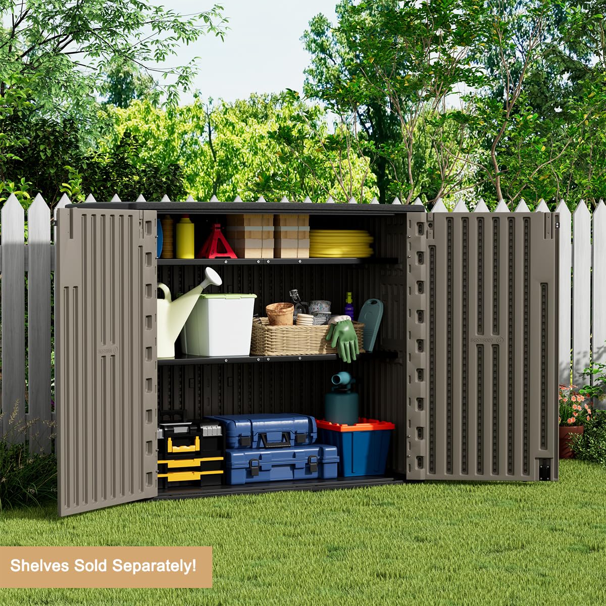 KINYING Outdoor Horizontal Storage Sheds,Outdoor Storage Cabinet Waterproof Resin Tool Storage Box for Lawn Mower,Garden Tools and Patio Furniture, Lockable (Brown) KINYING