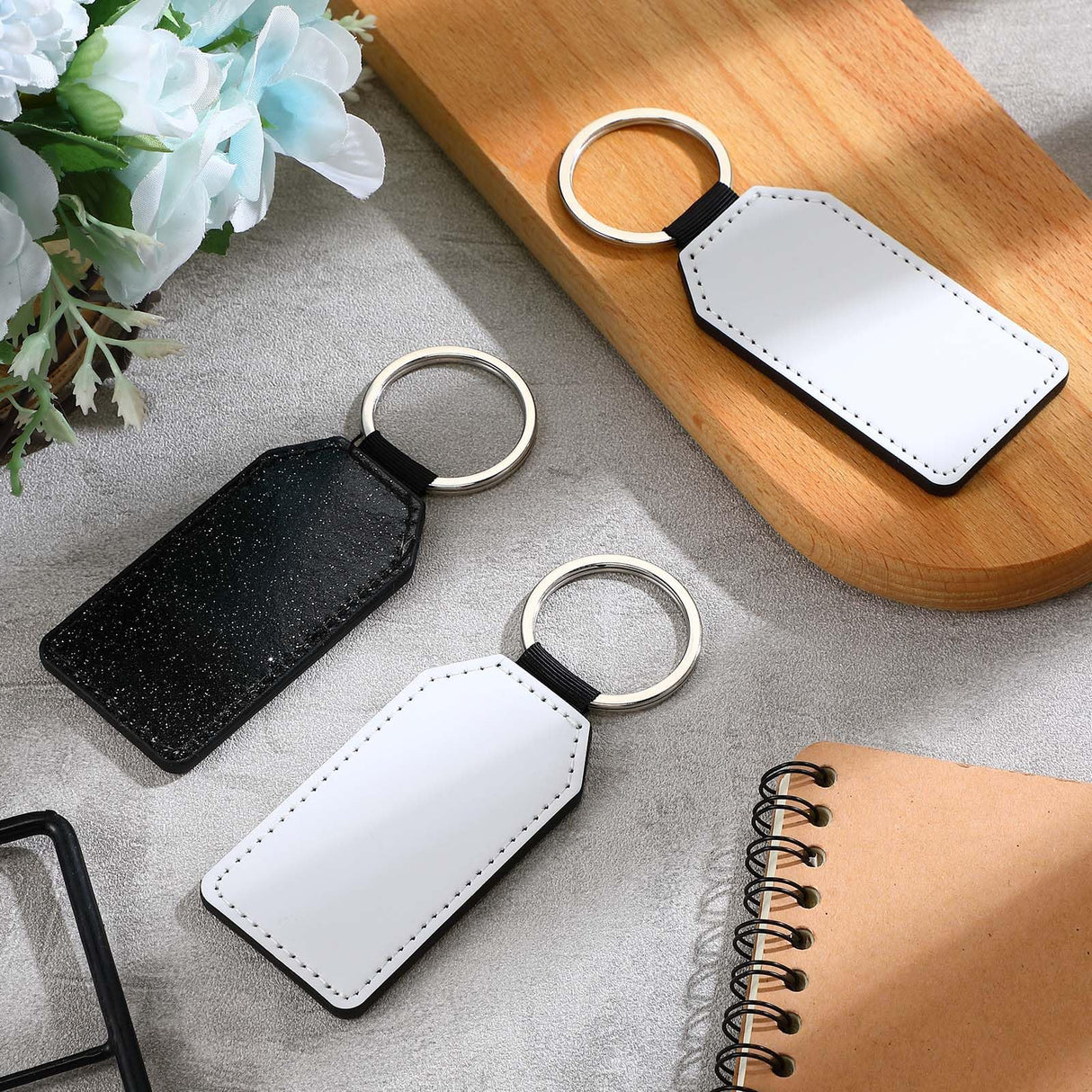 Talltalk 20 Pcs Leather Keychain Blanks Bulk Sublimation Keychain Blank PU Leather Glitter Heat Transfer Keyring(Black) Talltalk