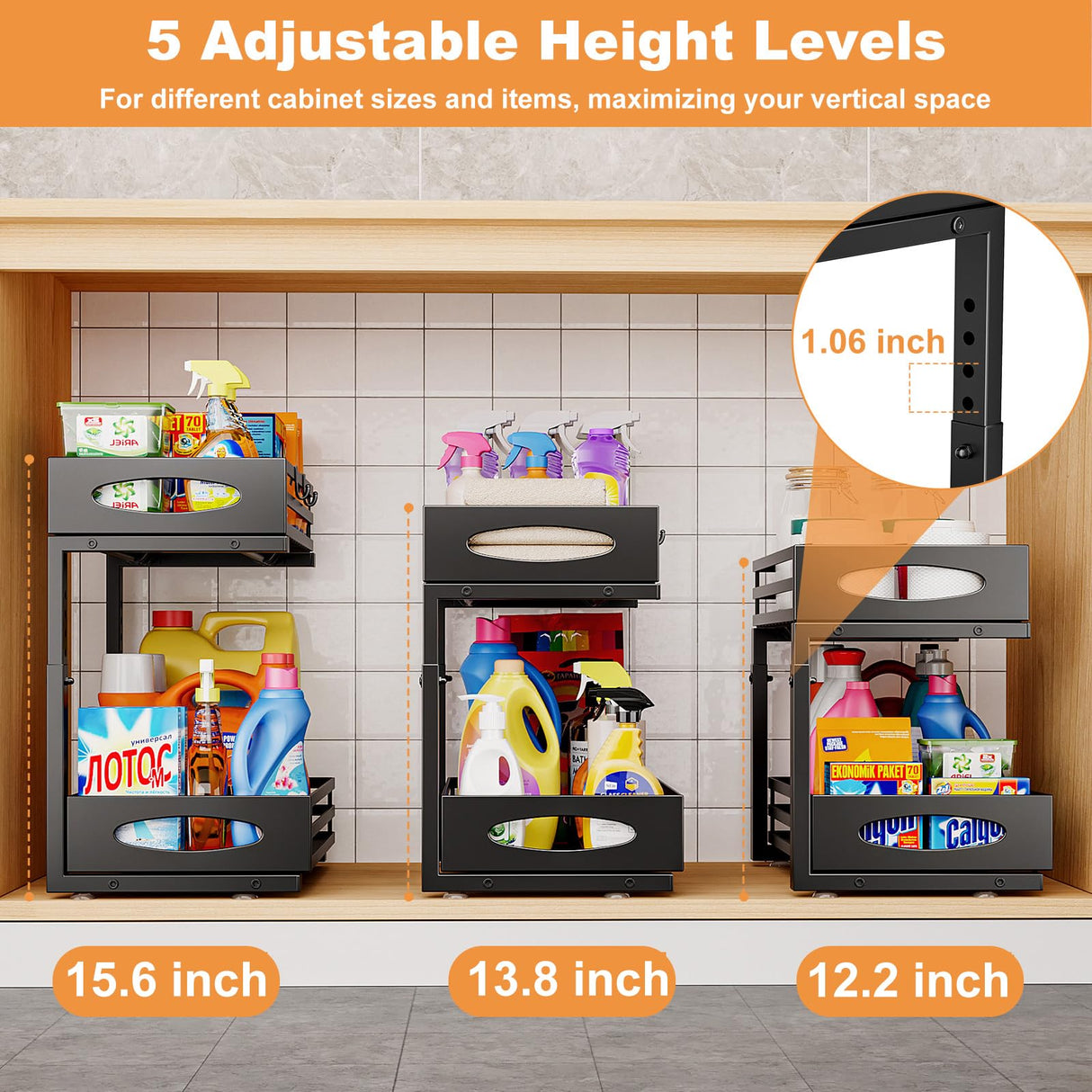 mixeshop Under Sink Organizer, Pull Out Cabinet Organizers, Slide Sink Steel Shelf Cabinet Storage Shelves, Under Sink Storage for Kitchen Bathroom Cabinet (Black, 2 Pack) mixeshop