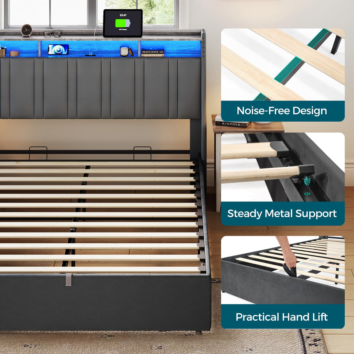 LINSY Queen Bed Frame, Lift Up Storage Bed, Velvet Upholstered Bed with Storage Headboard and Charging Station & LED Lights, Hydraulic Storage, Strong Wooden Slats Support, Noise Free, Dark Grey LINSY