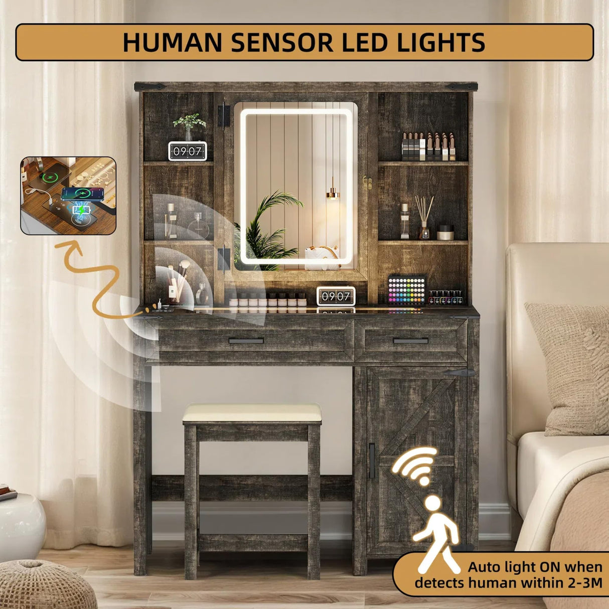 GlasFlength Farmhouse Makeup Vanity with Lighted Mirror,Vanity Desk with Charging Station,Vanity Table with Hidden Jewelry Cabinet,40'' Makeup Table with Glass Tabletop,Stool Included,Vintage Black GlasFlength