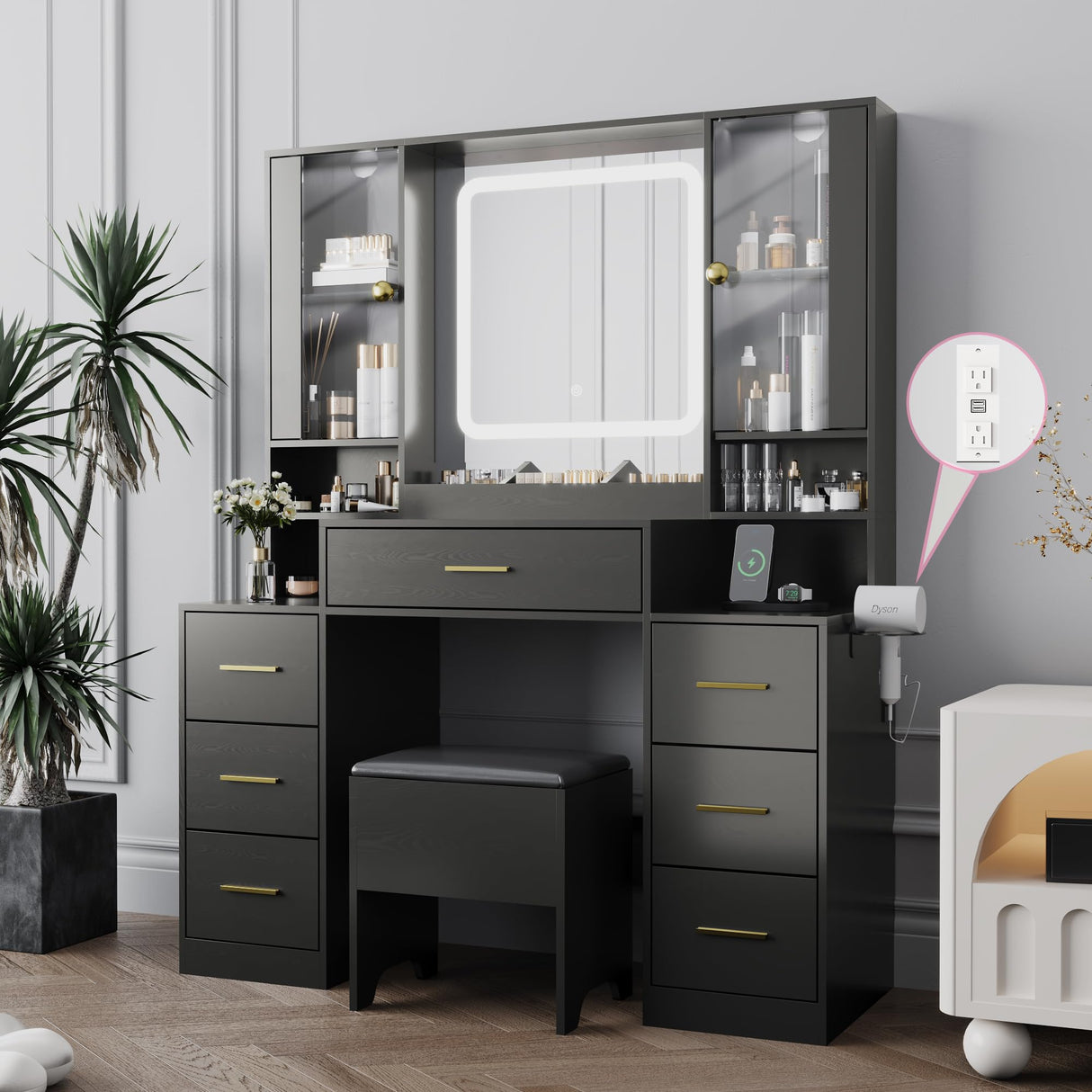 BORNOON Makeup Vanity with LARGE Lighted Mirror and Chair, 7 Drawers Vanity Makeup Desk Table with Power Strip, Adjustable Lighting, and Cushioned Storage Stool for Women, Girls, Teens, and Home Decor BORNOON