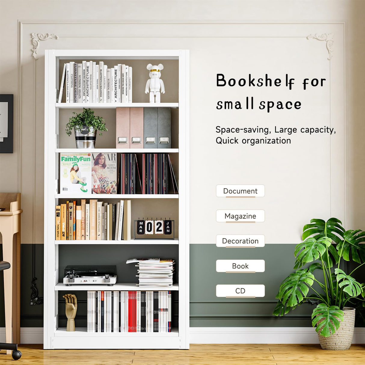 Modern 6-Tier Metal Book Shelf Storage Organiser - 77'' White Tall Bookcase for Living Room, Bedroom & Office ALJKF