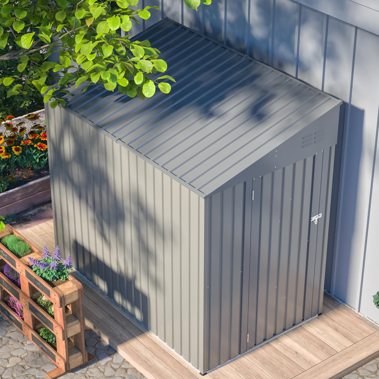 YOPTO 4x8 FT Outdoor Storage Shed,Lean to Lockable Metal Garden Shed Steel with Reinforced Beams,All Weather Waterproof Storage House W/Lockable Door&2 Air Vents,for Backyard,Patio,Lawn,Garden,Gray YOPTO