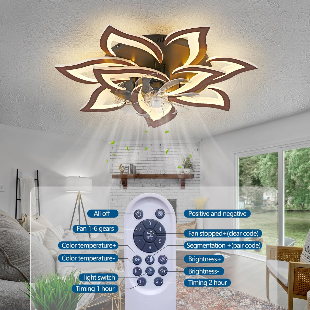 Dalouguan Modern Ceiling Fan with Lights Remote Control, 32" Wood Ceiling Fan with Light, 6 Speeds 3 Light Color Low Profile Flush Mount Ceiling Fan for Kitchen Bedroom Dalouguan