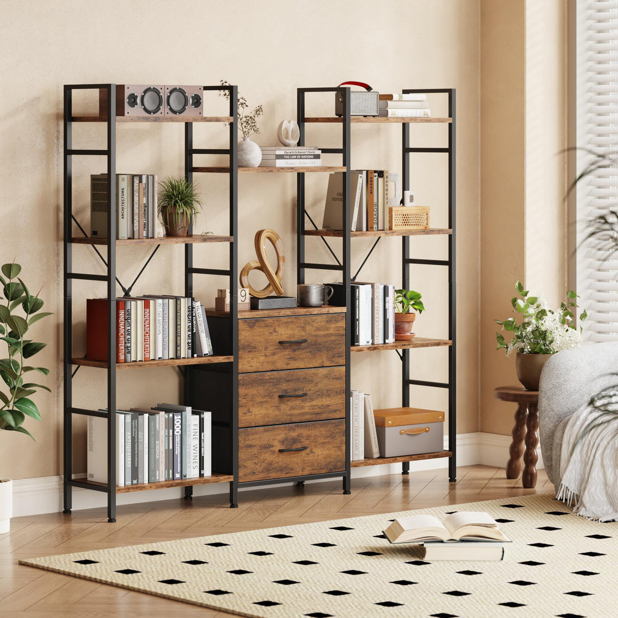 AFLUI Triple Bookshelf with 3 Fabric Drawers, 4-Tier Book Shelf and 10 Display Shelves, Industrial Large Bookcase for Home & Office, Rustic Brown, 59'' Wide AFLUI