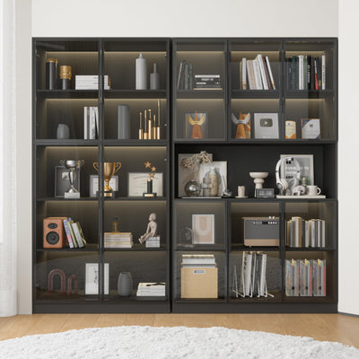 Mekminop Wood and Glass Display Cabinet, Modern Bookcase with Glass Doors, Led Light & Shelves, 78.7” W Large Combination Storage Cabinet with Handle for Home Office, Living Room, Black