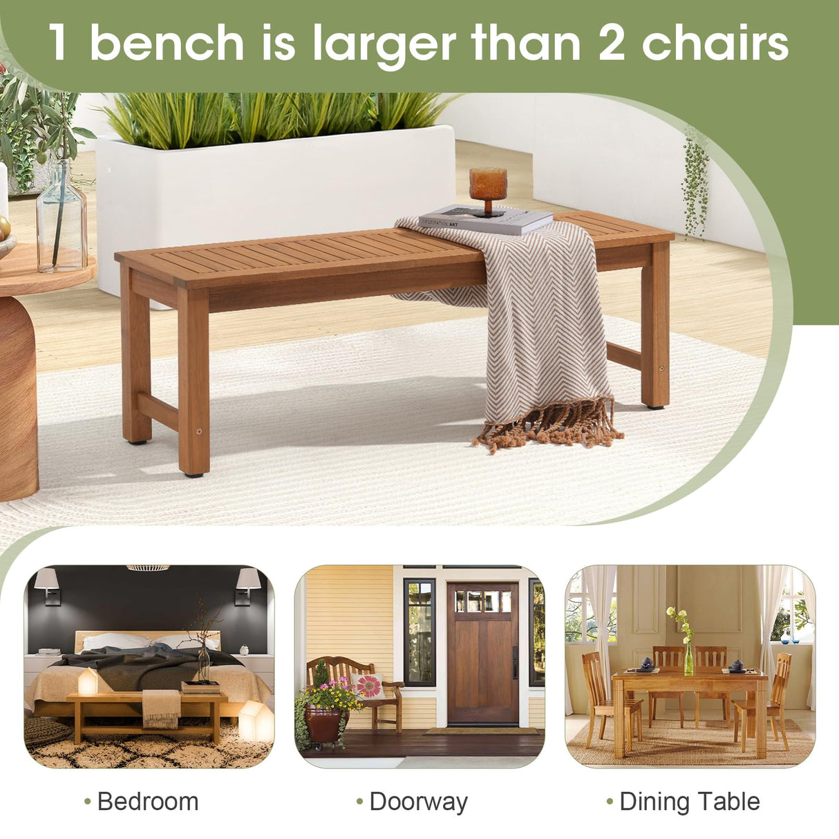 OC Orange-Casual 51" Acacia Wood Outdoor Bench, Backless Patio Dining Bench with Slatted Seat for Garden, Poolside & Entryway OC Orange-Casual