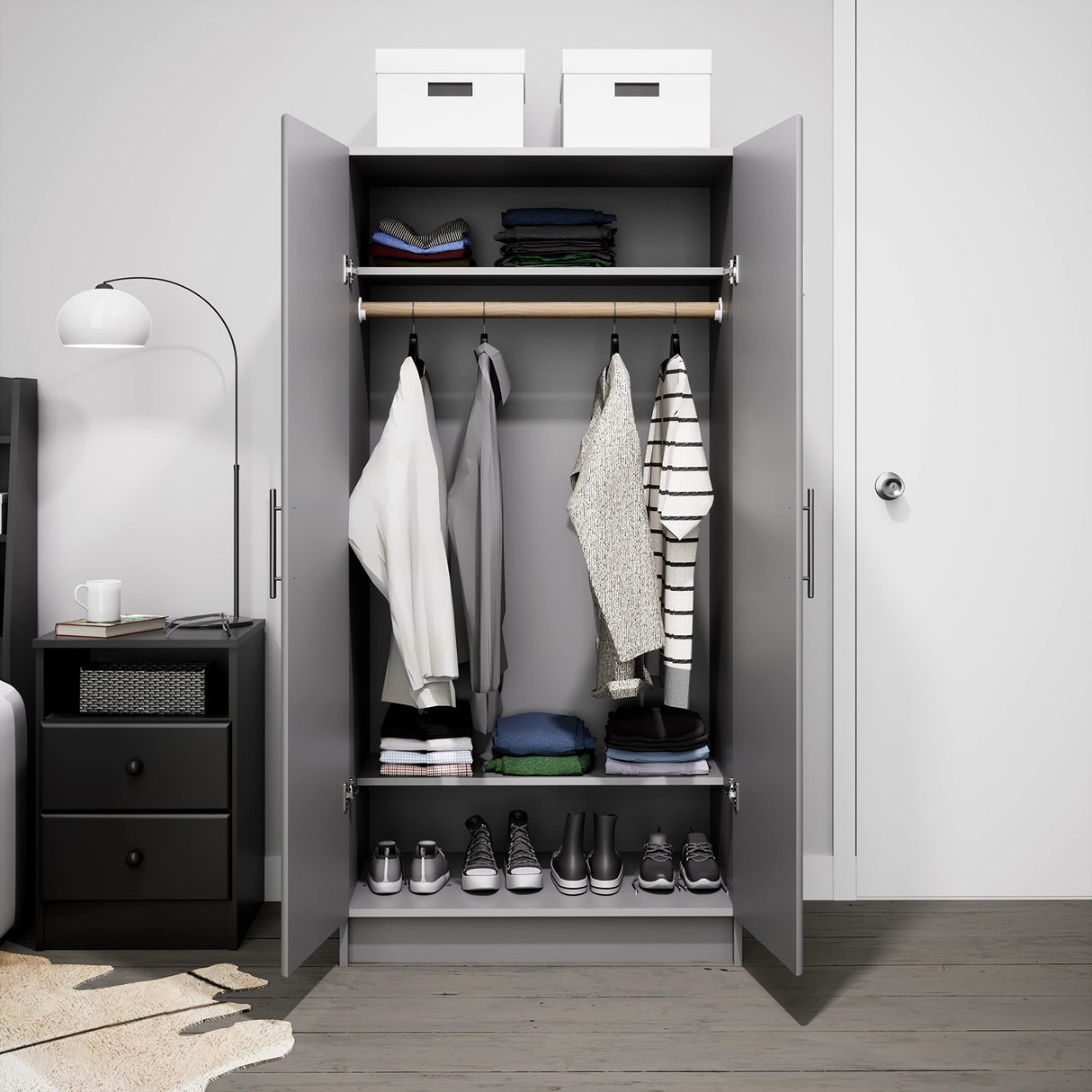 Prepac Elite 32" Storage Cabinet Closet, Light Gray Storage Cabinet with Hanging Rail and Shelves for Living room, Kitchen and Laundry room 24.5" D x 32" W x 65" H Prepac