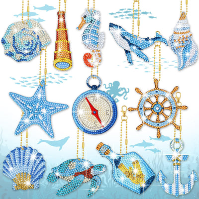 BBTO 15 Pcs Summer Ocean Diamond Painting Keychains Kits 5D DIY Summer Diamond Art Painting Keyrings Sea Animals Theme Key Chains for Beach Party Crafts Ornaments