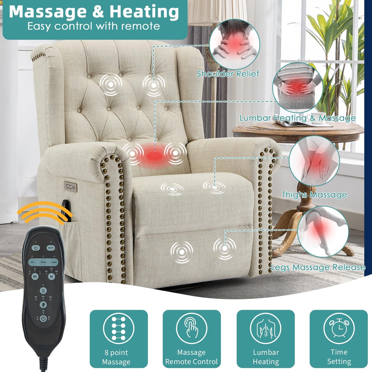 MEETWARM Power Swivel Rocking Glider Recliner Chair with Heat and Vibration, Electric Rocker Nursery Reclining Chair, Wingback Tufted Upholstered Recliner for Living Room, Type-C & USB Ports (Beige) MEETWARM