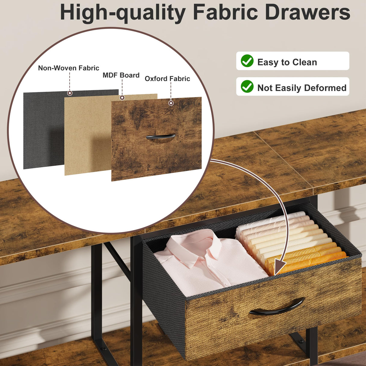 GYIIYUO LED TV Stand with Power Outlet and Fabric Drawer for 55 50 45 Inches TV - Entertainment Center and Industrial TV Console Table for Living Room, Bedroom- 47" Rustic Brown GYIIYUO