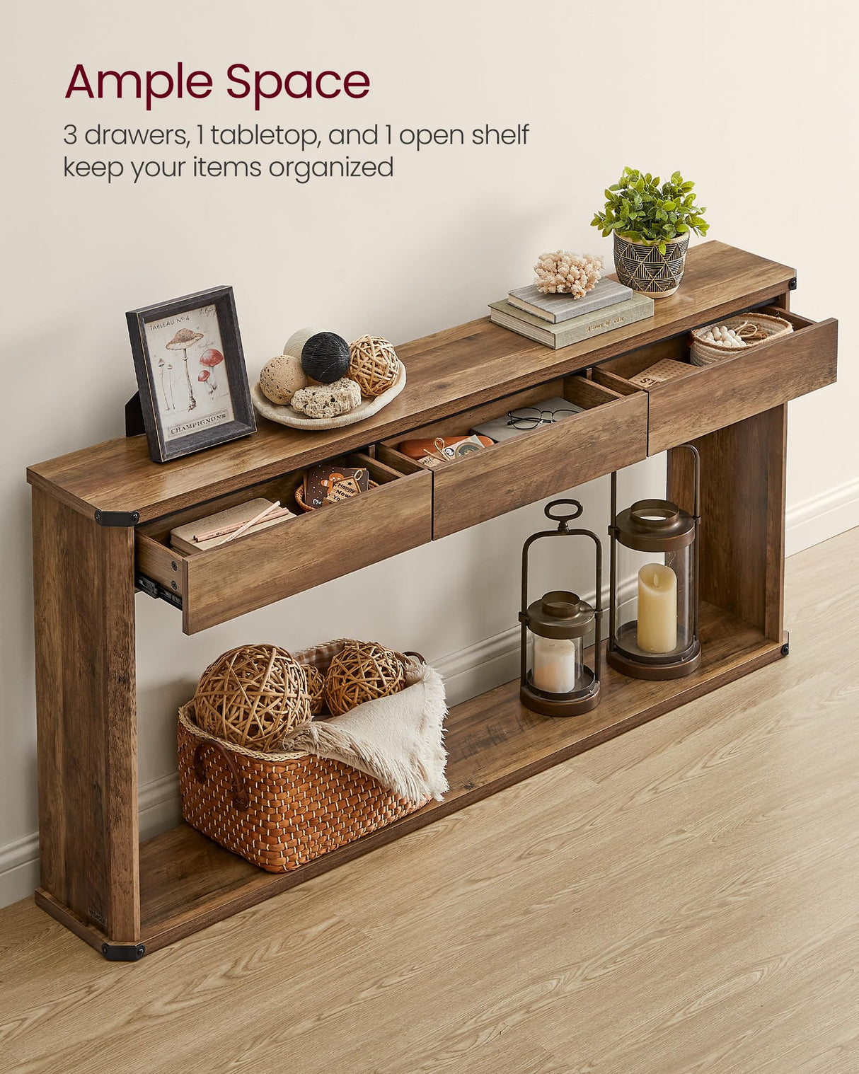 VASAGLE Console Table, 63 Inches Sofa Table, Narrow Entryway Table, Entry Table with 3 Drawers, Bottom Shelf, Metal Corners, for Living Room, Bedroom, Farmhouse Style, Honey Brown ULNT146K41 VASAGLE